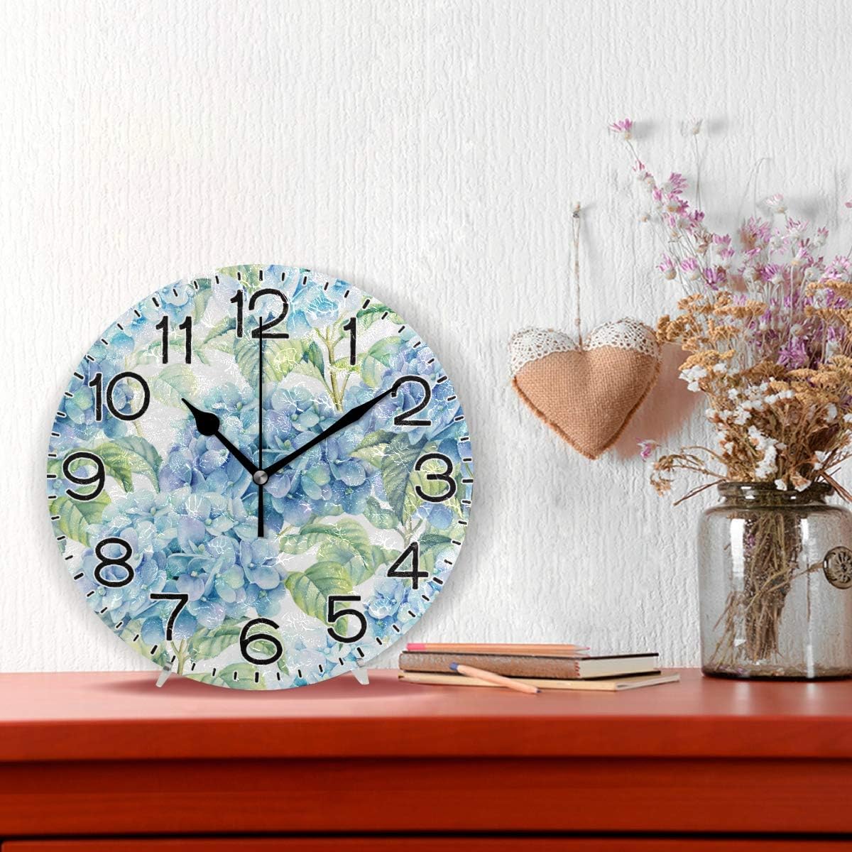 Hydrangea Watercolor Wall Clock Battery Operated Non Ticking Silent Quartz Analog Rustic Farmhouse Round Clock Retro Decor for Home Kitchen Living Room Bathroom