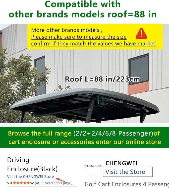 Golf Cart Enclosure 4 Passenger Extended Roof 88 inch - Image 6
