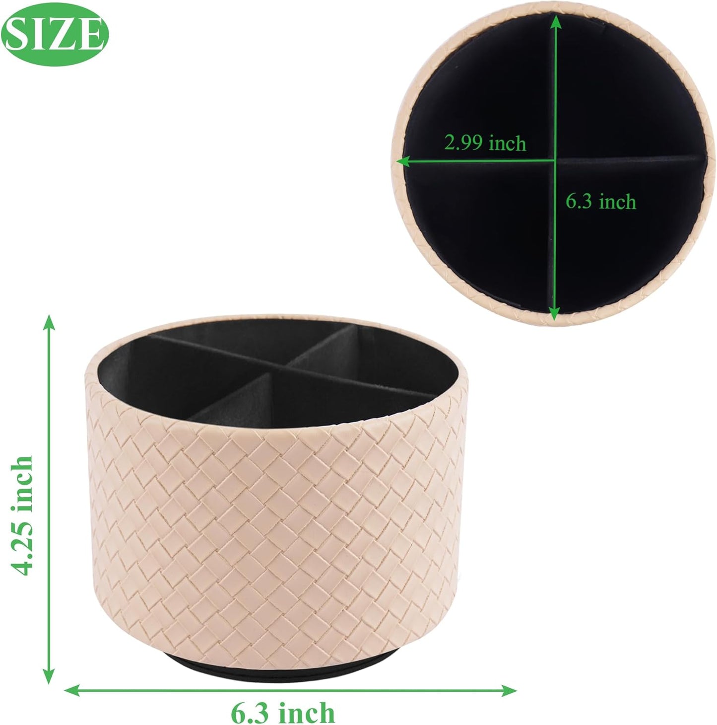 Hennaja Round Leather Art Supply Organizer,Remote Control Holder,360 Degree Spinning,Multi-Functional Pencil Holder,4 Compartments Desktop Stationary Organizer(1-Weave Khaki)