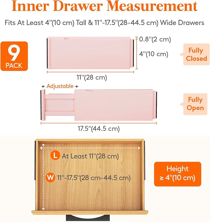 Lifewit 9 Pack Drawer Dividers 4" High, 11-17" Adjustable Drawer Organizers - Image 2