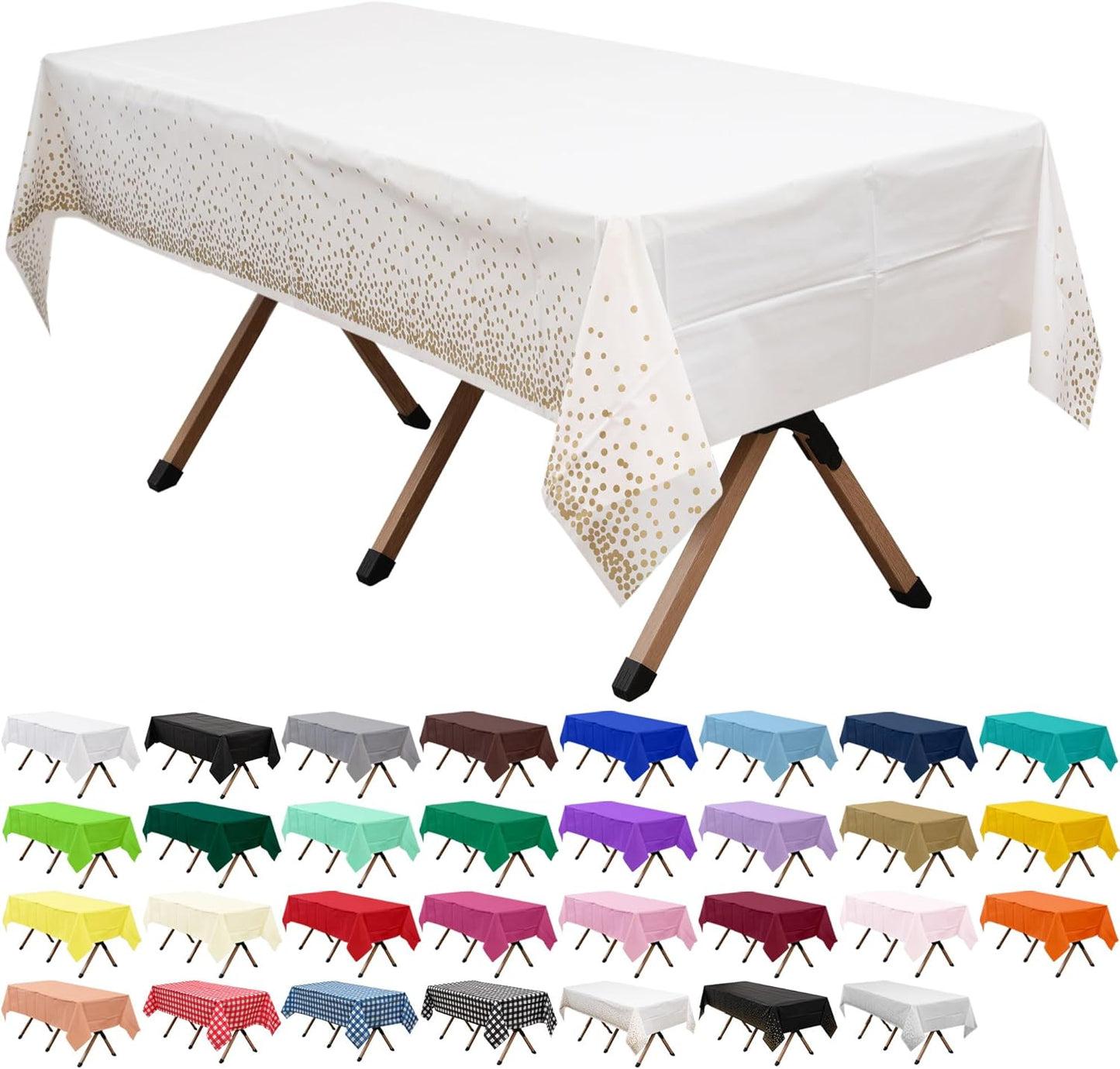 2 Pack Gold Polka Dots White Premium Plastic Tablecloth Rectangle 54 x 108 Inches Reusable Gold Spot Decorative White Table Cover for Dining, Wedding, Party, Indoor and Outdoor use