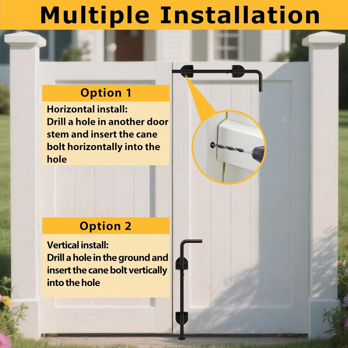 12" Heavy Duty Cane Bolts for Gates with Black Rustproof Powder Upgraded Hardware Gate Drop Rod for Wood PVC Vinyl Fences Gates, Double Doors-2 Pack
