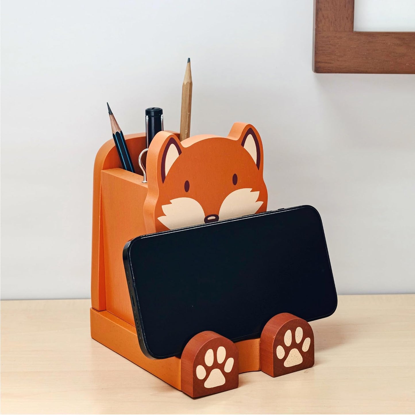 I'm Solid Wood Multipurpose Eyeglass Phone Pen & Pencil Holder Stand Stationery Desk Box Organizer Accessories Decor, Cute Home Office Desktop Decoration Birthday Graduation Gifts Fox Gifts (Fox)