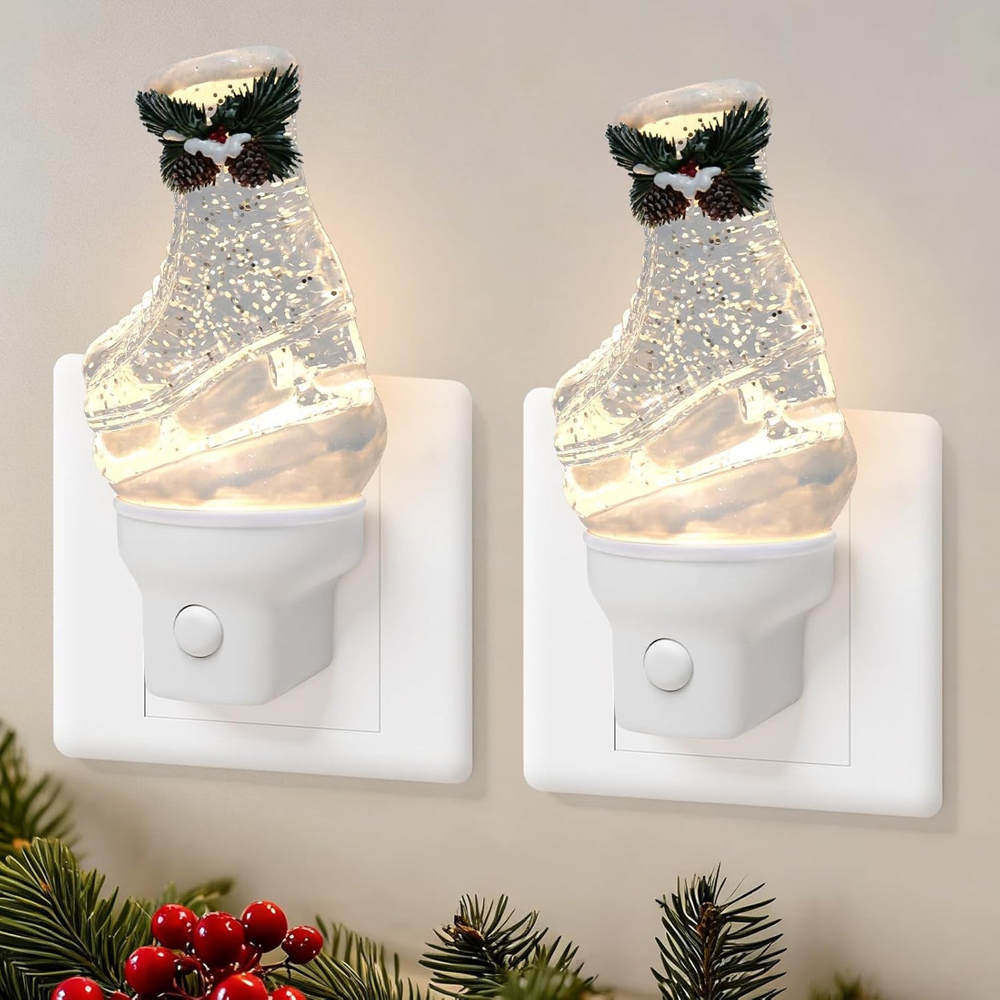 2 Pack Christmas Night Light Plug into Wall Glitter Water Nightlight with USB/Outlet Options, Christmas Ski Boots Decorative Nightlight for Bedroom Kitchen Holiday Decorations Gifts (Ski Boots)