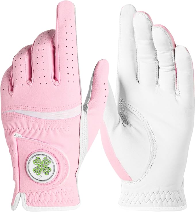 Womens Golf Glove with Clover Ball Marker 1 Pack, All Weather Grip Microfiber & by FINGERTENSport