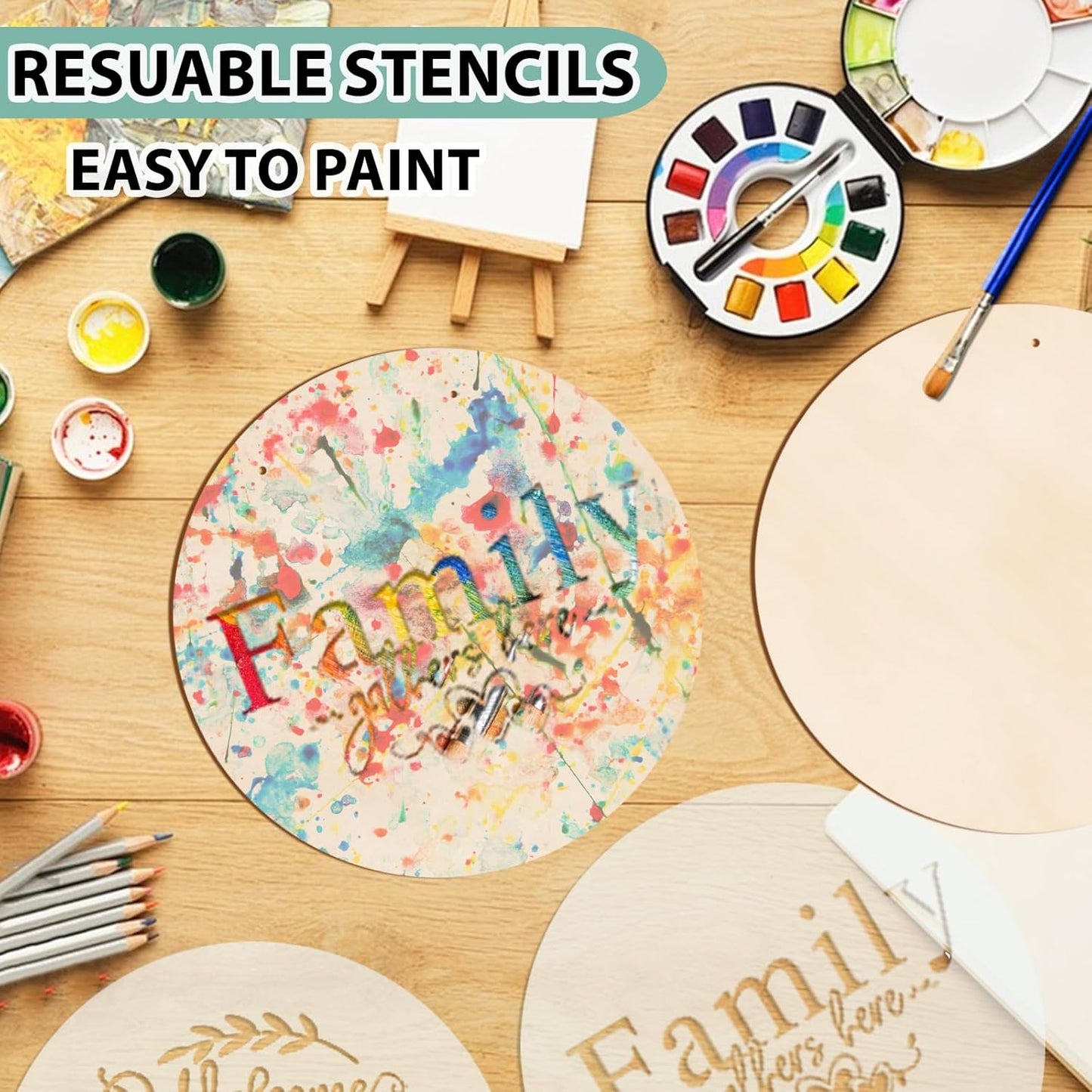 12 Inch Wood Circles for Crafts, 10Pcs Unfinished Wood Rounds with 4 Stencils & 12 Painting, DIY Wooden Crafts for Door Hanger, Sign, Wood Burning, Painting, Christmas Thanksgiving Day Decor