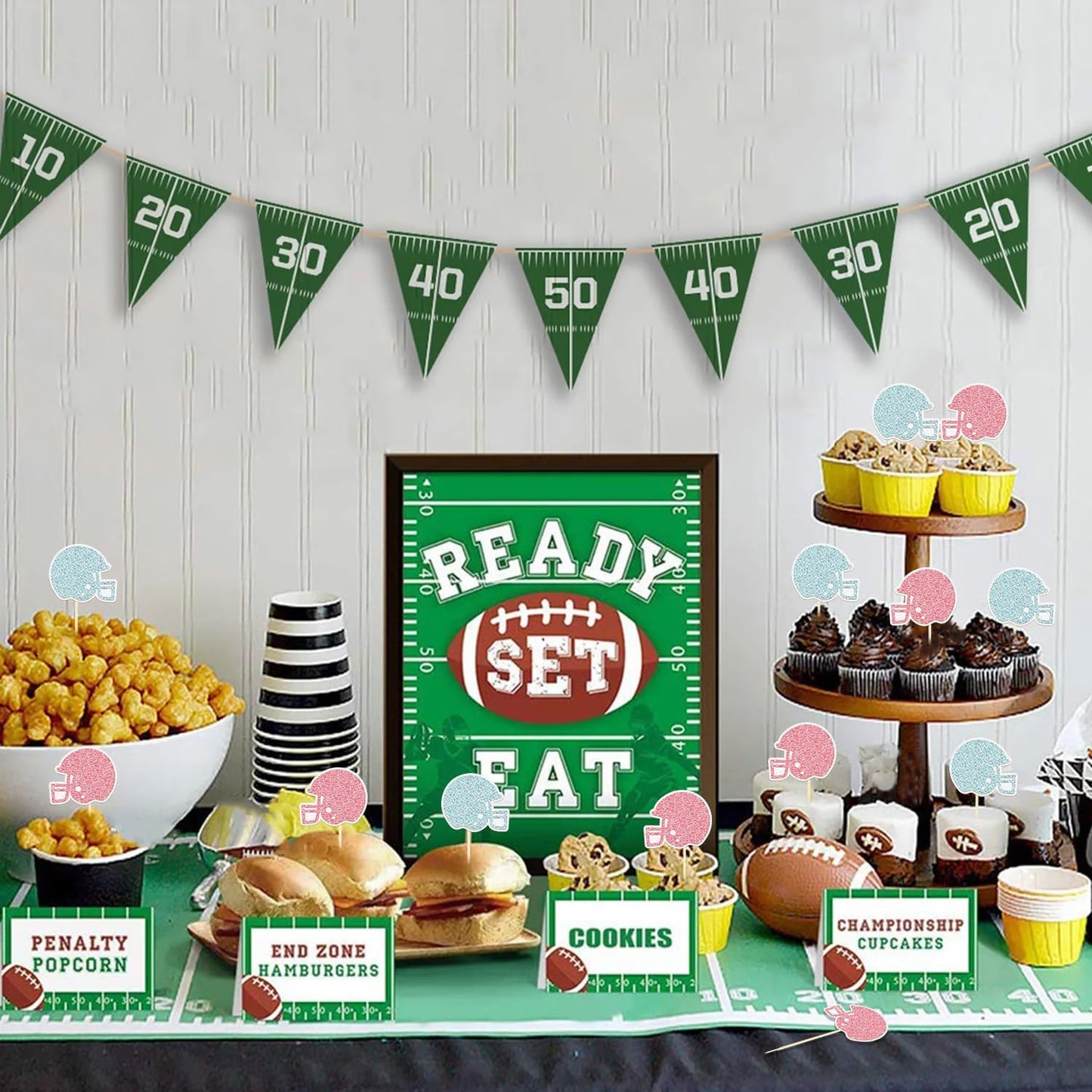 24 Pack Glitter Football Gender Reveal Helmet Cupcake Toppers Picks Boy or Girl Rugby Birthday Cake Toppers for Gender Reveal Baby Shower Birthday Party Decorations (Helmet)