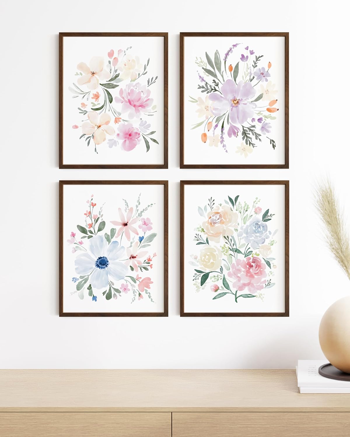 HAUS AND HUES Flower Wall Art - Set of 4 Framed Floral Paintings (8x10, Walnut Frame)