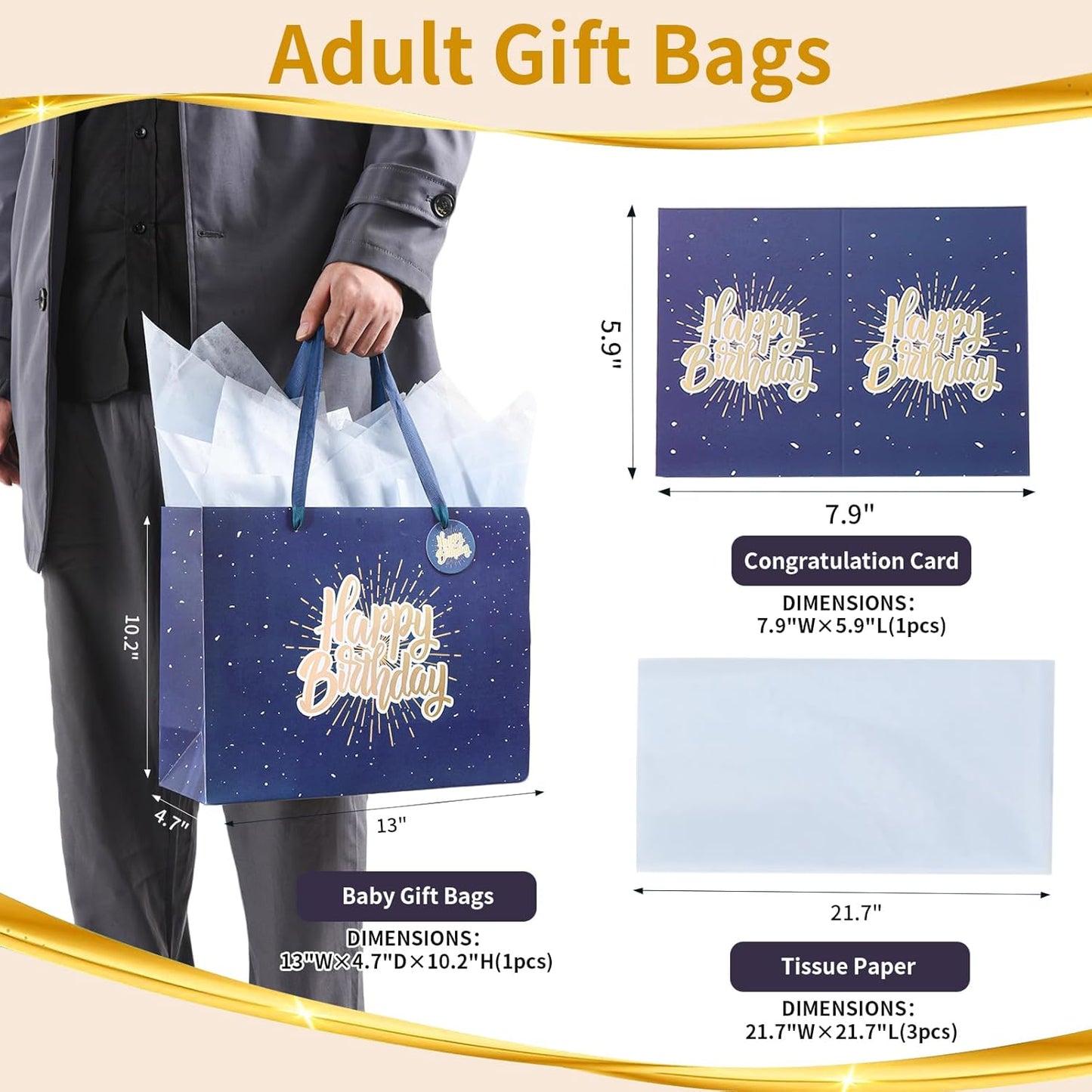 13" Blue Happy Birthday Gift Bag with Tissue Paper and Greeting Card for Party,Happy Birthday Gift Bag for Men Women, Gift Bags Medium size(1 PCS Blue)