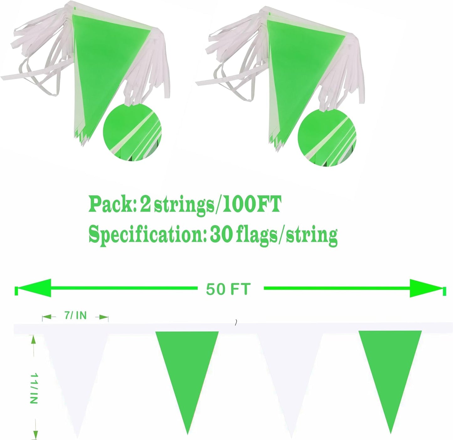 100Ft Green and White Pennant Banner Flags String Fabric Triangle Bunting Flag,Party Decorations for Wedding,Kids Birthday,Home Outdoor Garden Hanging Festivals Decoration,60 Pcs