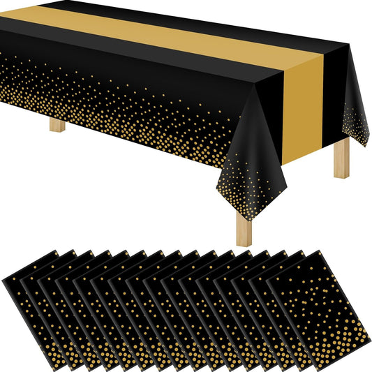16 Pack 2in1 Disposable Plastic Tablecloths 54" x 108" Black and Gold Dot Kitchen Table Cloth Rectangle Table Cover for Wedding Birthday Baby Shower Anniversary Christmas New Year Graduation