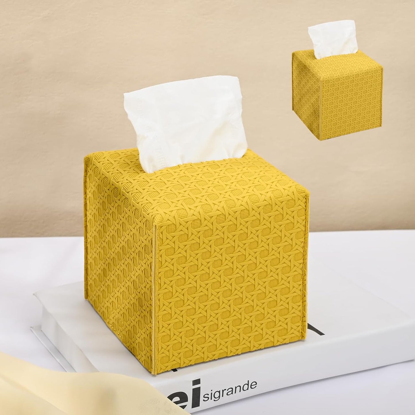 HOMOTEK 2 Pack Tissue Box Cover, Square PU Leather Tissue Holder, Decorative Facial Tissue Cube Paper Organizer Dispenser for Bathroom, Night Stands, Desk, Car 5X5X5'' - Rattan Weave,Mango Yellow