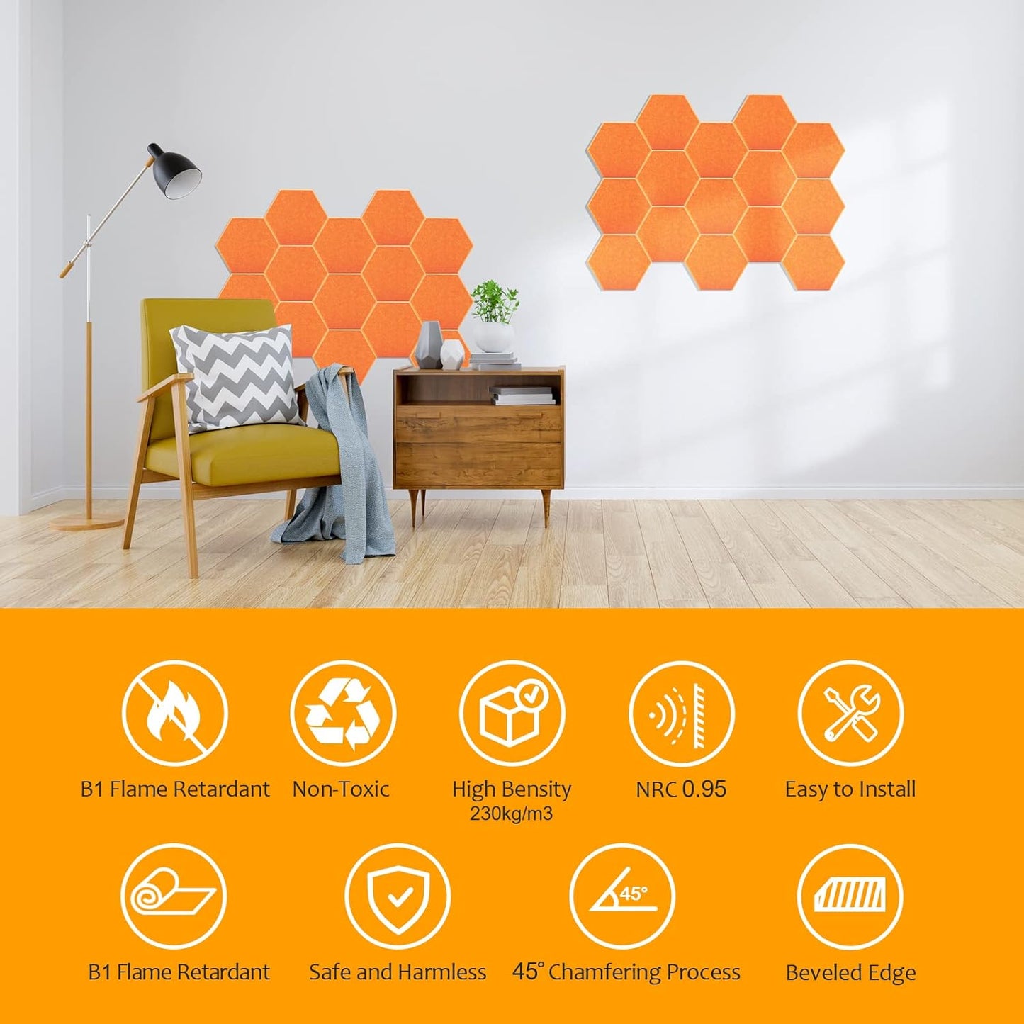 18Pack Hexagon Acoustic Panels 12" X 10" X 0.4" Sound Proof Panels,High Density Sound Dampening Panels With Self-Adhesive Soundproof Absorbing Wall Panels For Home Insulation Studio Office（Orange）