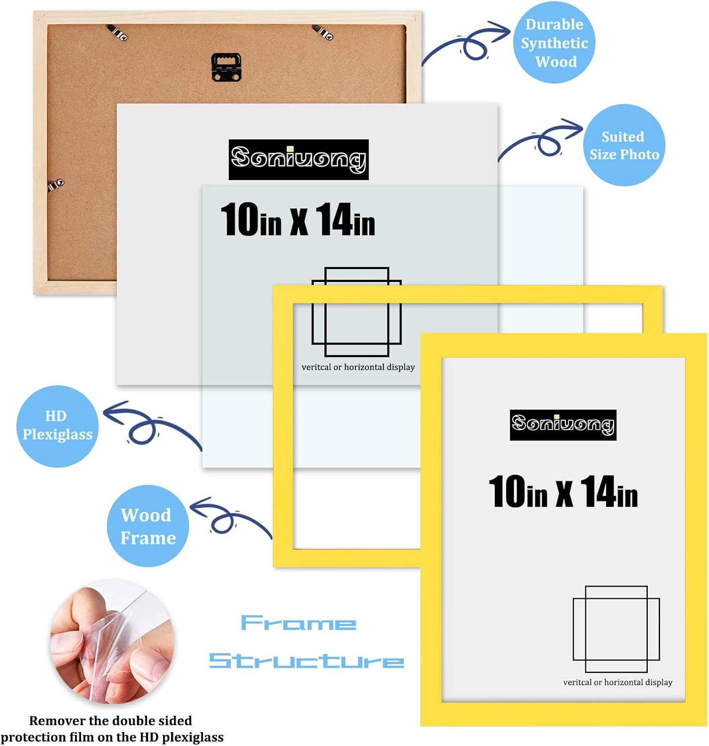 10x14 inch Wood Picture Frames for Wall Hanging,Diamond Painting Frames Rectangle Baby Scan Picture Frame for Family Walls Decoration,Anniversary,Wedding,Christmas,Halloween,Shower,Certificate (Yellow)