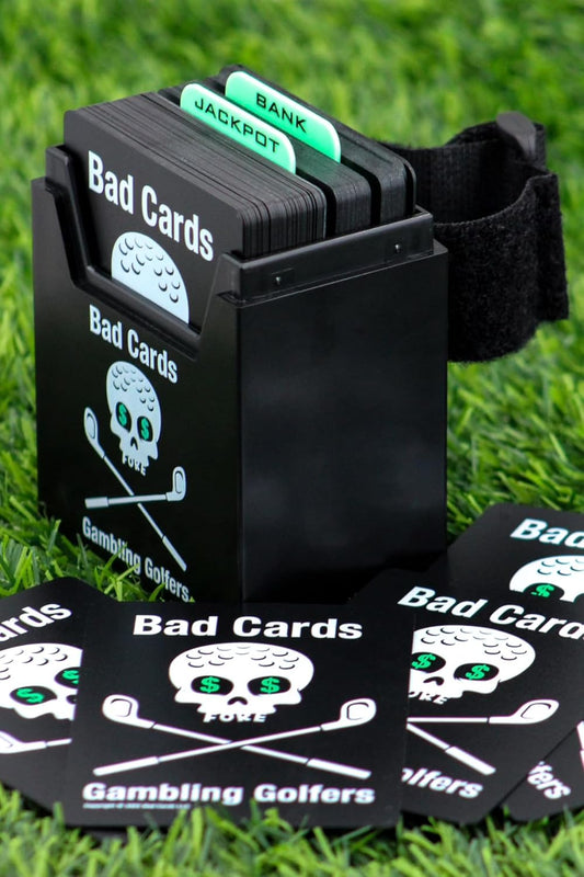 Bad Cards Fore Gambling Golfers (Weatherproof Edition) - On-Course Golf Betting Game, PVC Cards in Durable Plastic Box, Straps to Golf Cart, Fun & Unique Golf Gambling Game for Any Round