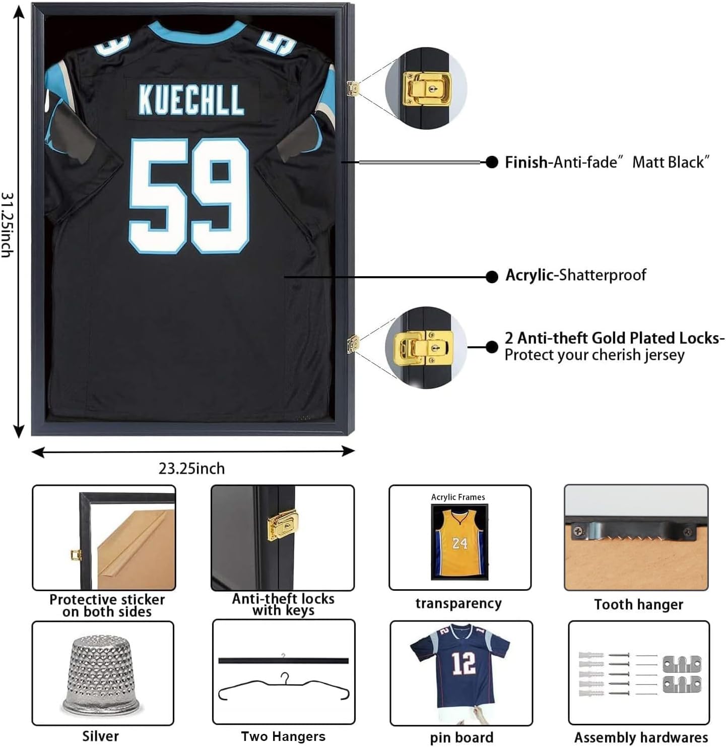 IHEIPYE Jersey Frame Display Case Shadow Box 3 Pack - Lockable with UV Protection Acrylic and Hanger for Baseball, Basketball, Football, Soccer, Hockey 2XL Sport Shirt and Uniform - Black