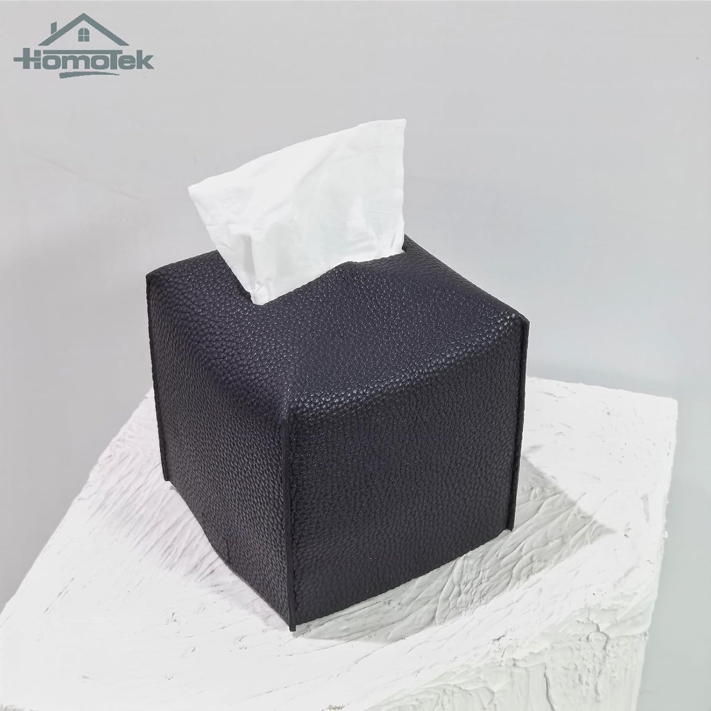 HOMOTEK 2 Pack Tissue Box Cover, Square PU Leather Tissue Holder, Decorative Facial Tissue Cube Paper Organizer Dispenser for Bathroom, Night Stands, Desk, Car 5X5X5'' - Matte Black, Pebble Grain