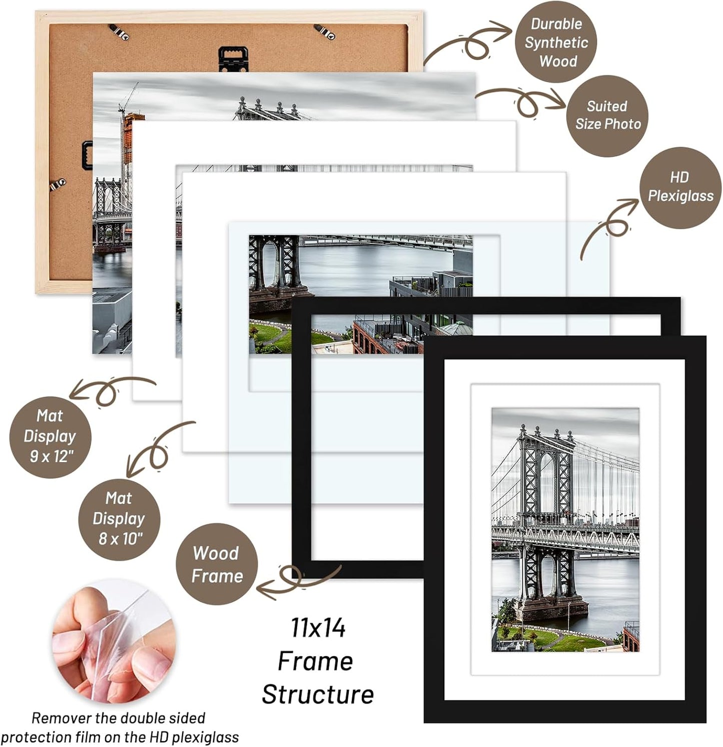 11x14 Picture Frames Solid Wood Display Pictures 9x12 or 8x10 with Mat or 11x14 Frame without Mat Poster Photo Frame Art with 2 Mats for Wall Mounting or Table Top(Black)
