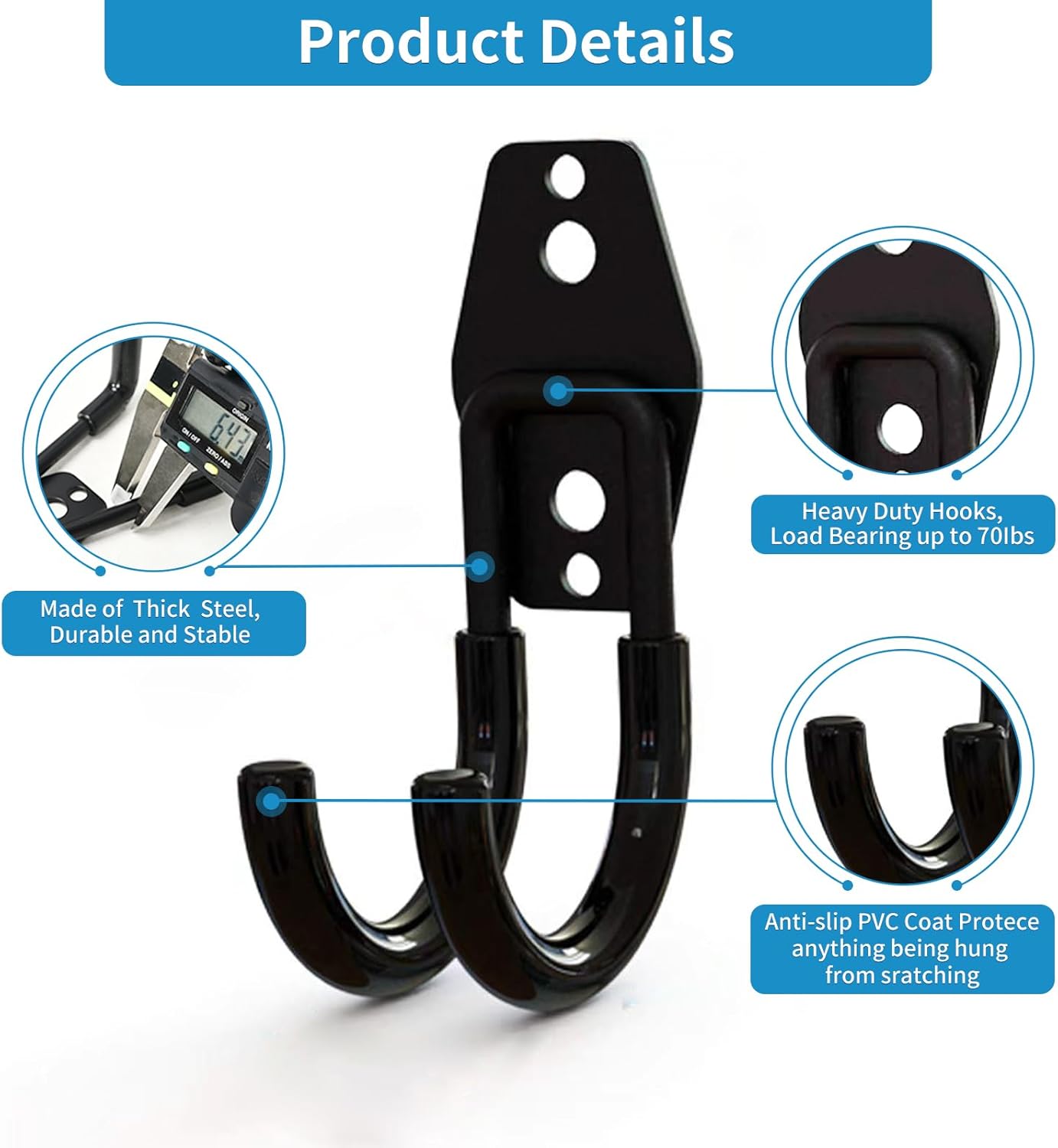 2 Pack Garage Storage Utility Hooks，Garage Garden Tool Organizer，Steel Wall Mount Hooks, Garden Small U Hooks (Black) (Type O-Black)