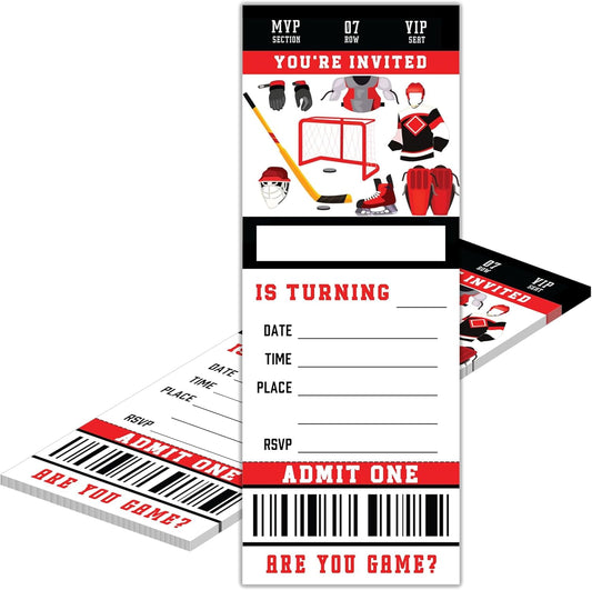 Birthday Cards-20 Ice Hockey Game Ticket Invite Cards-Red and Black Birthday Invitation with Envelopes for Hockey Lovers Boys-Party Favor & Supplies (3×8 inch)-A01