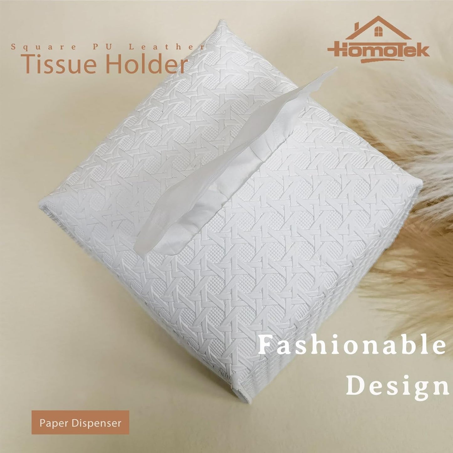 HOMOTEK 2 Pack Tissue Box Cover,PU Leather Tissue Holder,Square Decorative Facial Tissue Cube Paper Organizer Dispenser for Bathroom, Night Stands, Desk, Car 5X5X5'' - Rattan Weave, Pure White