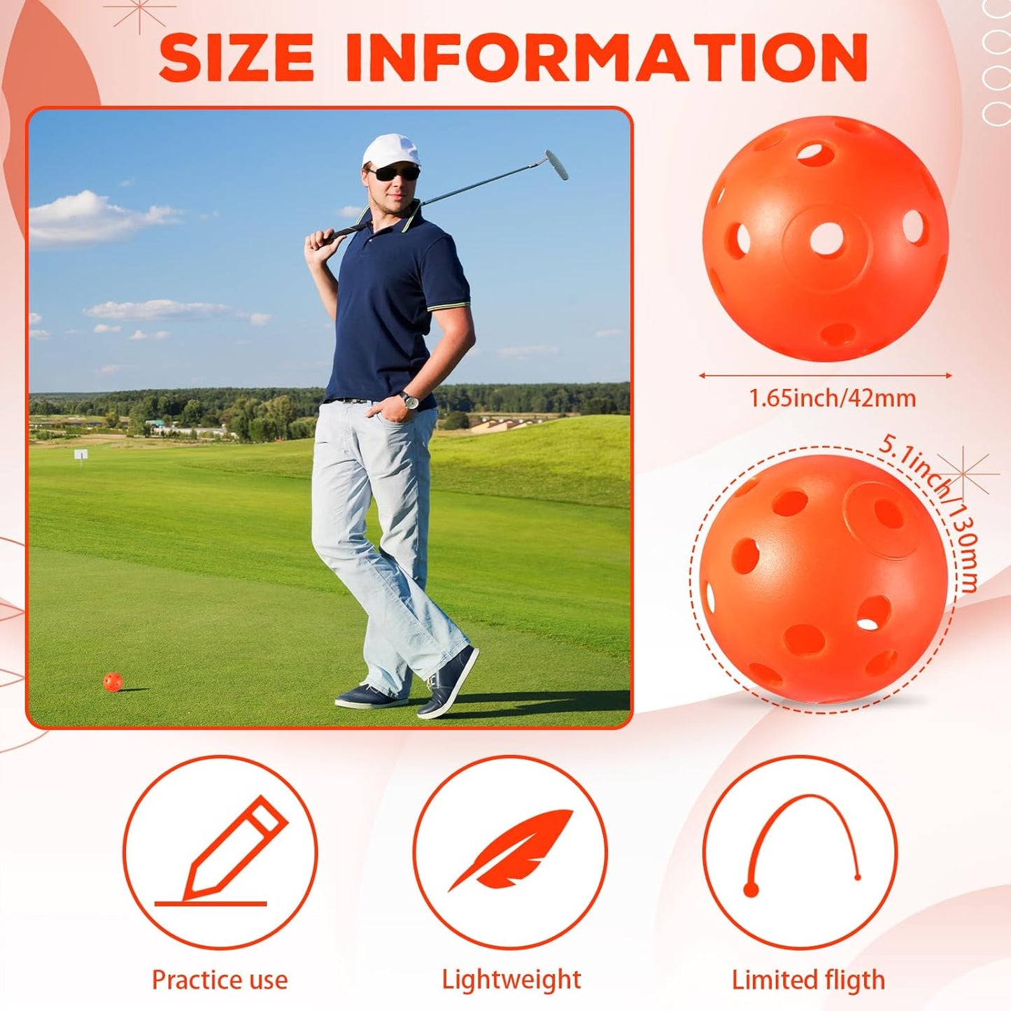24 Pack Practice Golf Balls 42 mm Limited Flight Plastic Golf Training Airflow Hollow Ball for Driving Range Swing Practice Backyard Indoor Outdoor Home