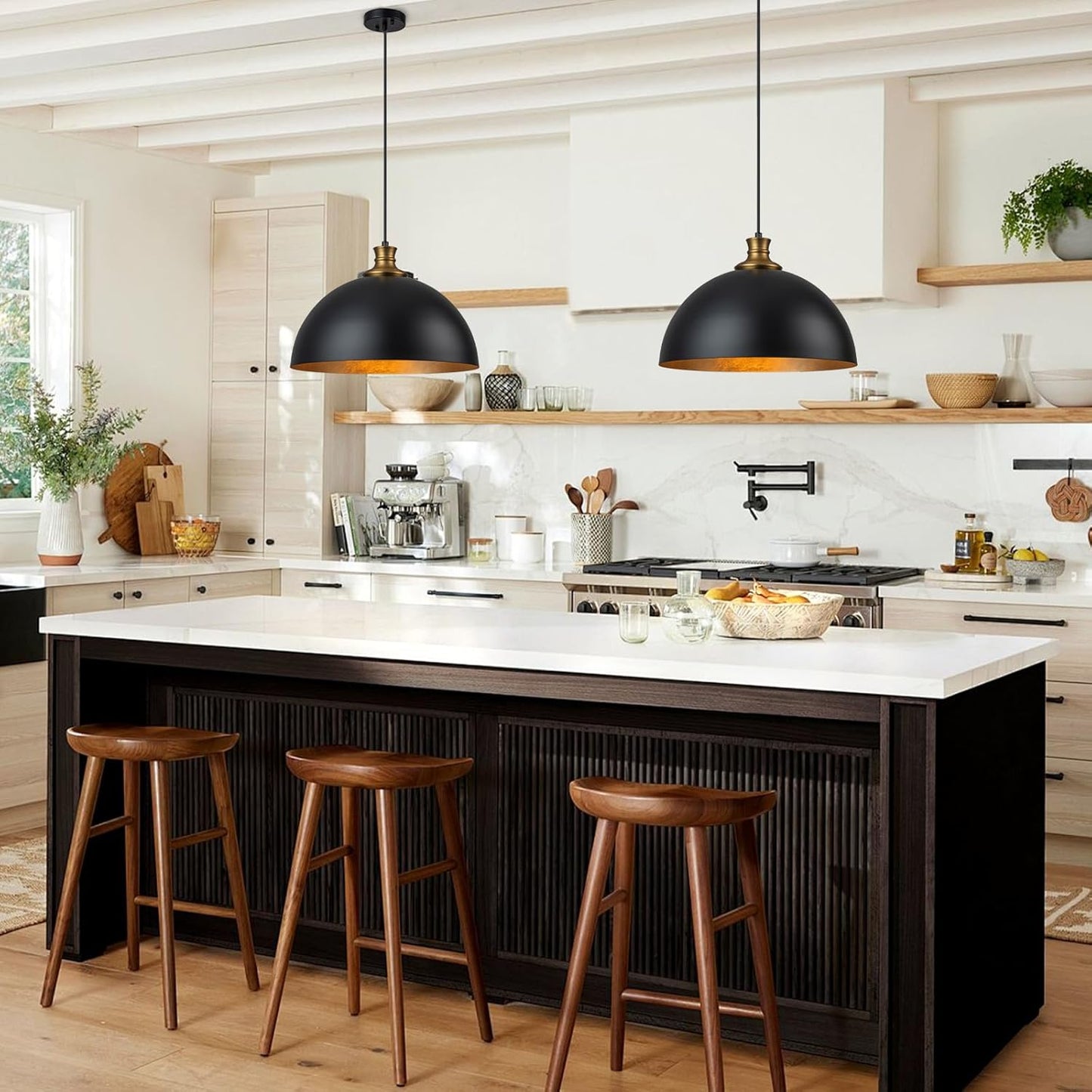 14.96" Black and Gold Pendant Light, Modern Dome Pendant Lights Kitchen Island Industrial Dome Light Fixture Hanging Lighting for Dining Room Living Room Bedroom Hallway Foyer.