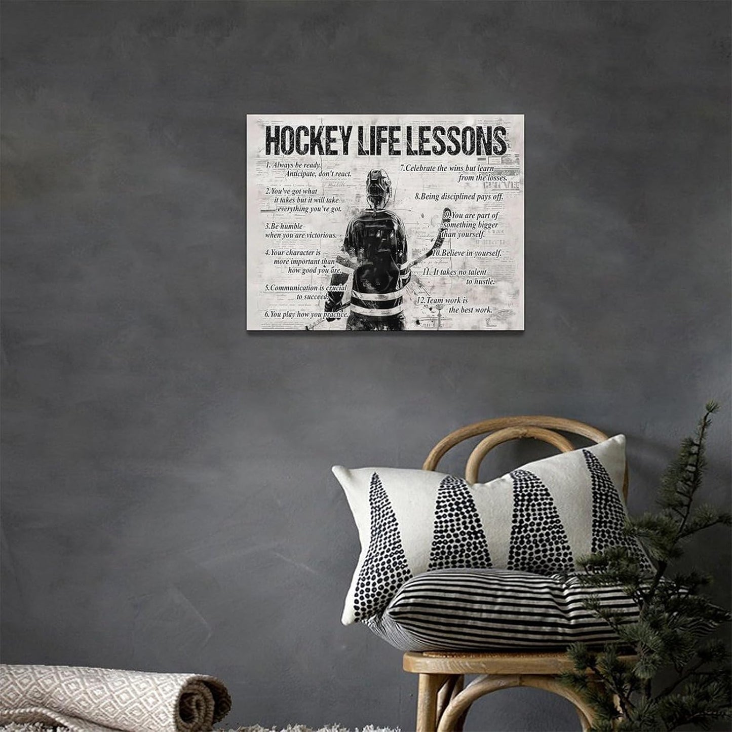 Hockey Sports Wall Art Hockey Life Lessons Wall Decor Hockey Sign Retro Poster Boy Men Motivational Decorations Canvas Print Painting Artwork for Bedroom Bathroom Living Room Gym 16"x12"
