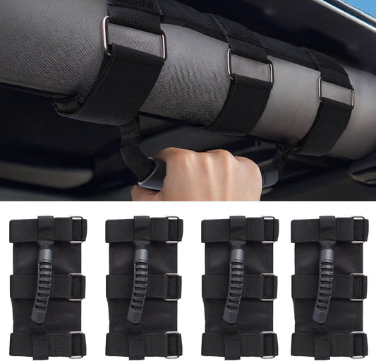 4 Pack Grab Handles for Jeep Wrangler CJ YJ TJ LJ JK JKU JL JLU & Gladiator JT (1955–Present) – Roll Bar Handles with Upgraded Metal Buckles & Reinforced Stitching, Easy Install Front & Rear