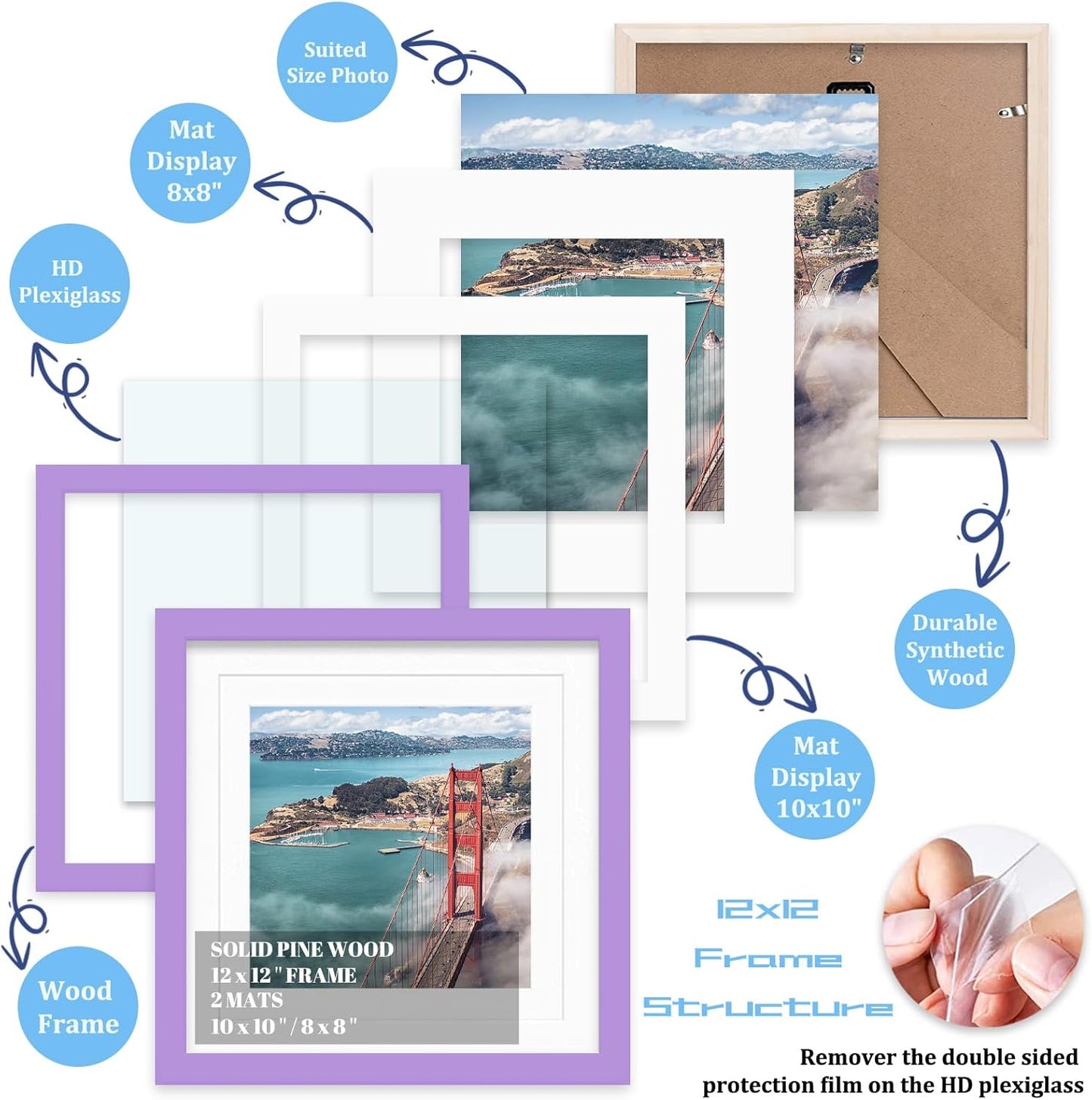 12x12 Wood Picture Frames for Wall Hanging or Tabletop,Diamond Painting Frame Baby Scan Picture Frames with 2 Mats Display 8x8 or 10x10 for Family Walls Decoration,Anniversary,Wedding,Christmas(Purple)