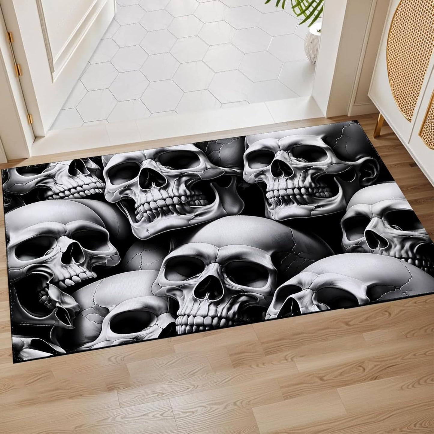 Horror Skull Indoor Door Mat,White and Black Skulls Floor Doormat,17x29.5in,Non Woven Non Slip Rubber Backing Goth Rug for Porch Insider,Bedroom,Kitchen,Doormats Gifts,Rv Camper Decor