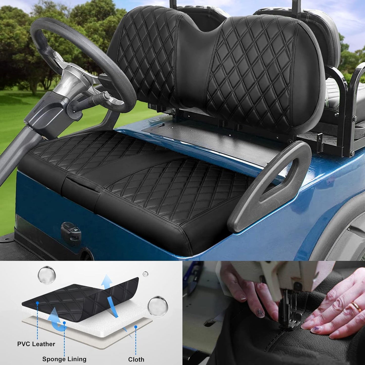 iLSKW Golf Cart Seat Covers for Club Car Precedent OEM Ordinary Seat, PVC Front Seat Cover Set for Golf Cart All Seasons with Diamond Black Stitching Breathable Washable Dettachable