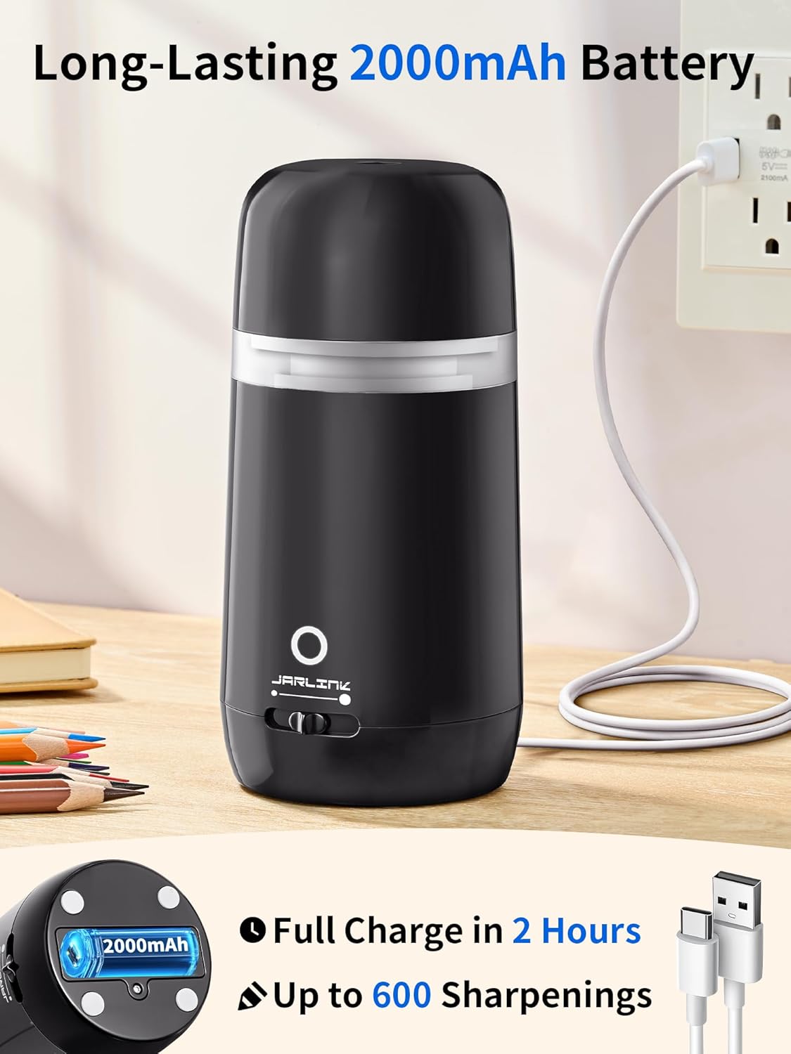 JARLINK Automatic Electric Pencil Sharpener - Hands-Free Operation, 3 Sharpness Modes, 3-Second Sharpening, Rechargeable & Portable for 7-12mm Pencils, Ideal for Classroom and Home Use (Black)