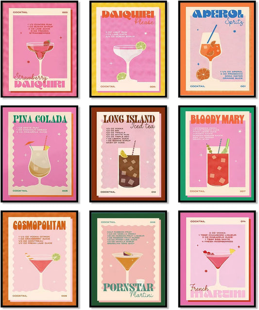 9Pcs Retro Cocktail Wall Art Colorful Alcohol Posters Prints Cute Preppy Room Aesthetic Decor Pictures for Party Apartment Dorm Bar Decoration Unframed