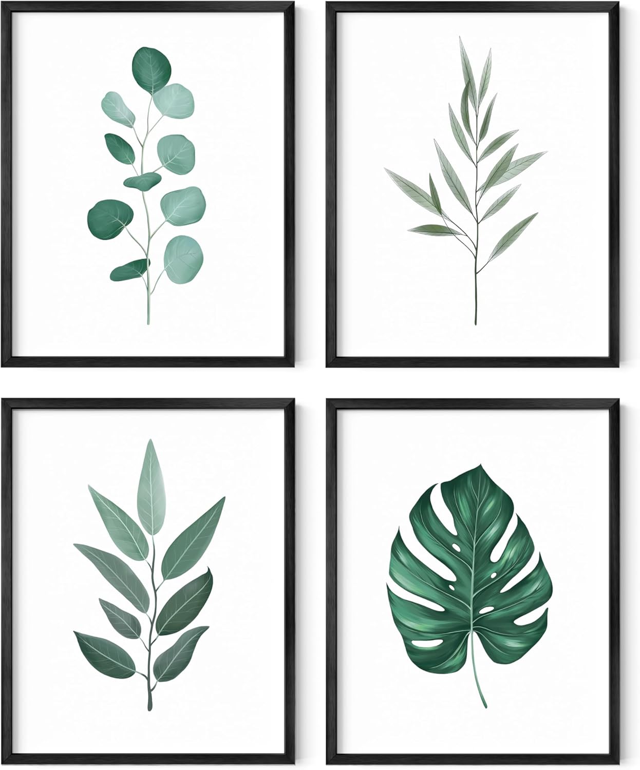 HAUS AND HUES Botanical Wall Art - Plant Decor, Tropical Leaf Print, Green Leaves Pictures, Sage Green (Black Aluminum Frame, 11x14)