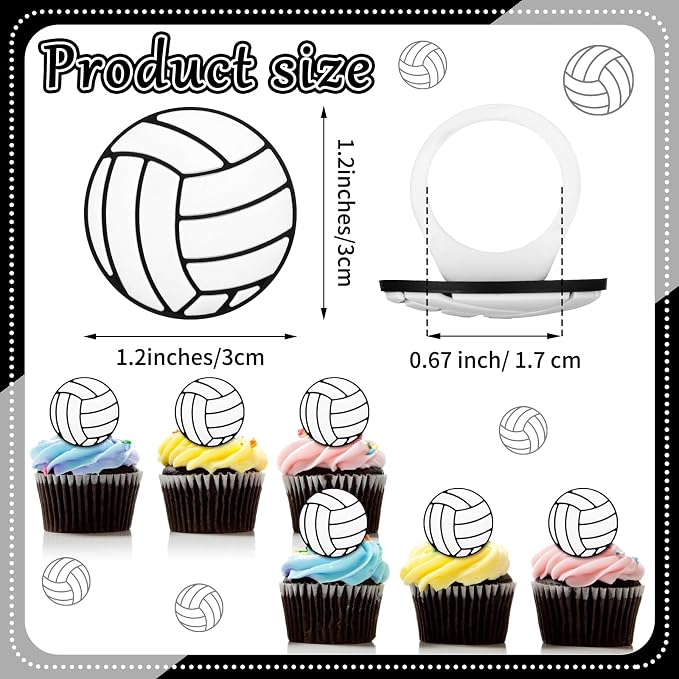 Honeydak 48 Pcs Black Volleyball Cupcake Rings Toppers Decoration Sport Ball - Image 3
