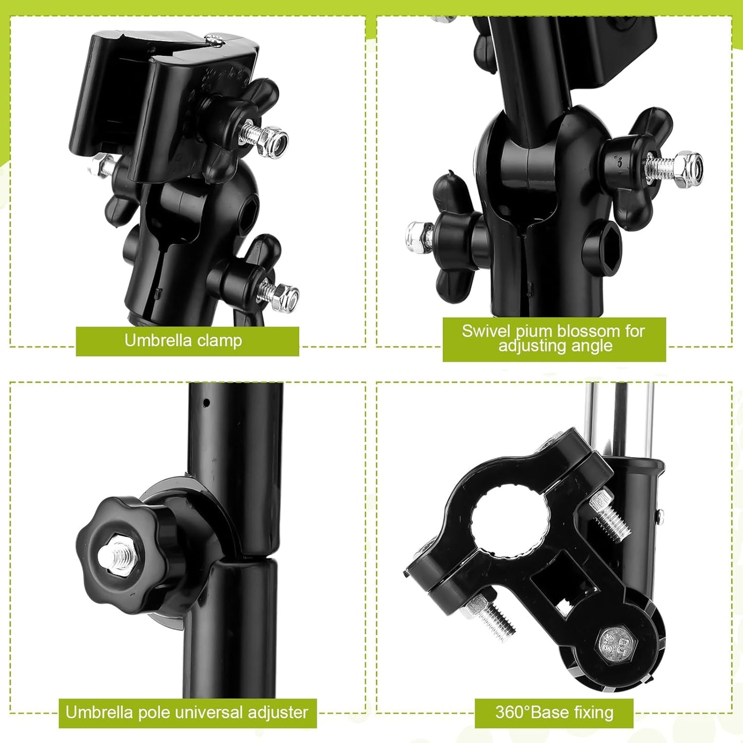 2 Set Adjustable Umbrella Clamp for Chair and Wrenches Universal Clip on Wheelchair Umbrella Mount Holder for Stroller, Golf Cart, Beach Chair, Bicycle, Bleacher, Patio, Fishing