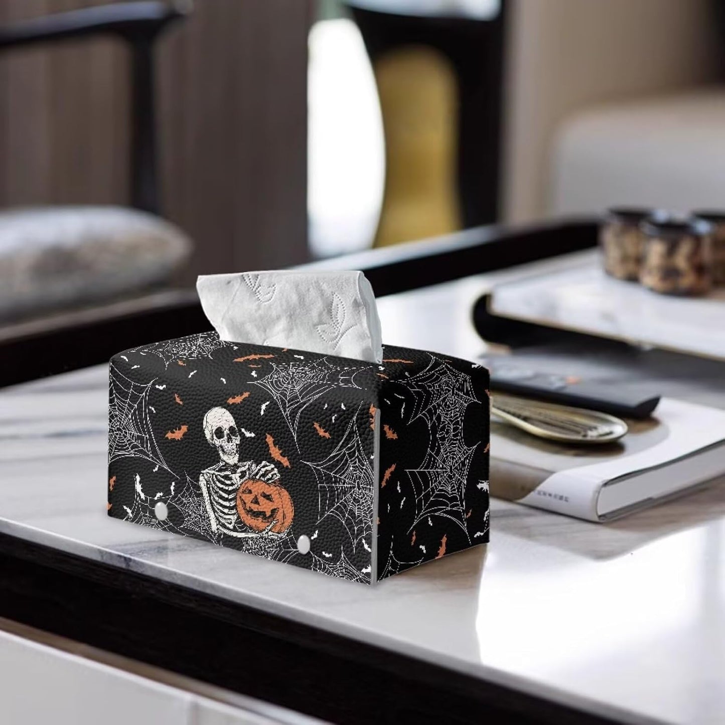 Halloween Rectangular Tissue Box Cover Skull Pumpkin Print PU Leather Tissue Cover Decorative Organizer with Bottom Belt Easy to Clean for Home, Car, Hotel, Office Tissue Holder