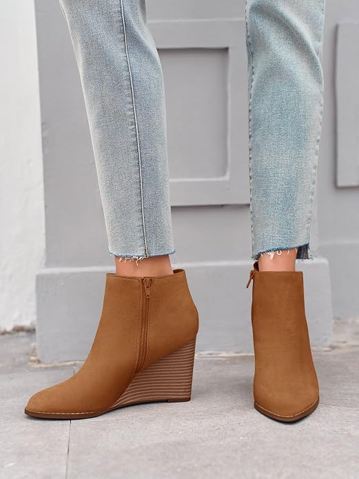 LAICIGO Womens V Cut Wedge Ankle Booties Zip-up Closed Toe Stacked Heel Faux - Image 3