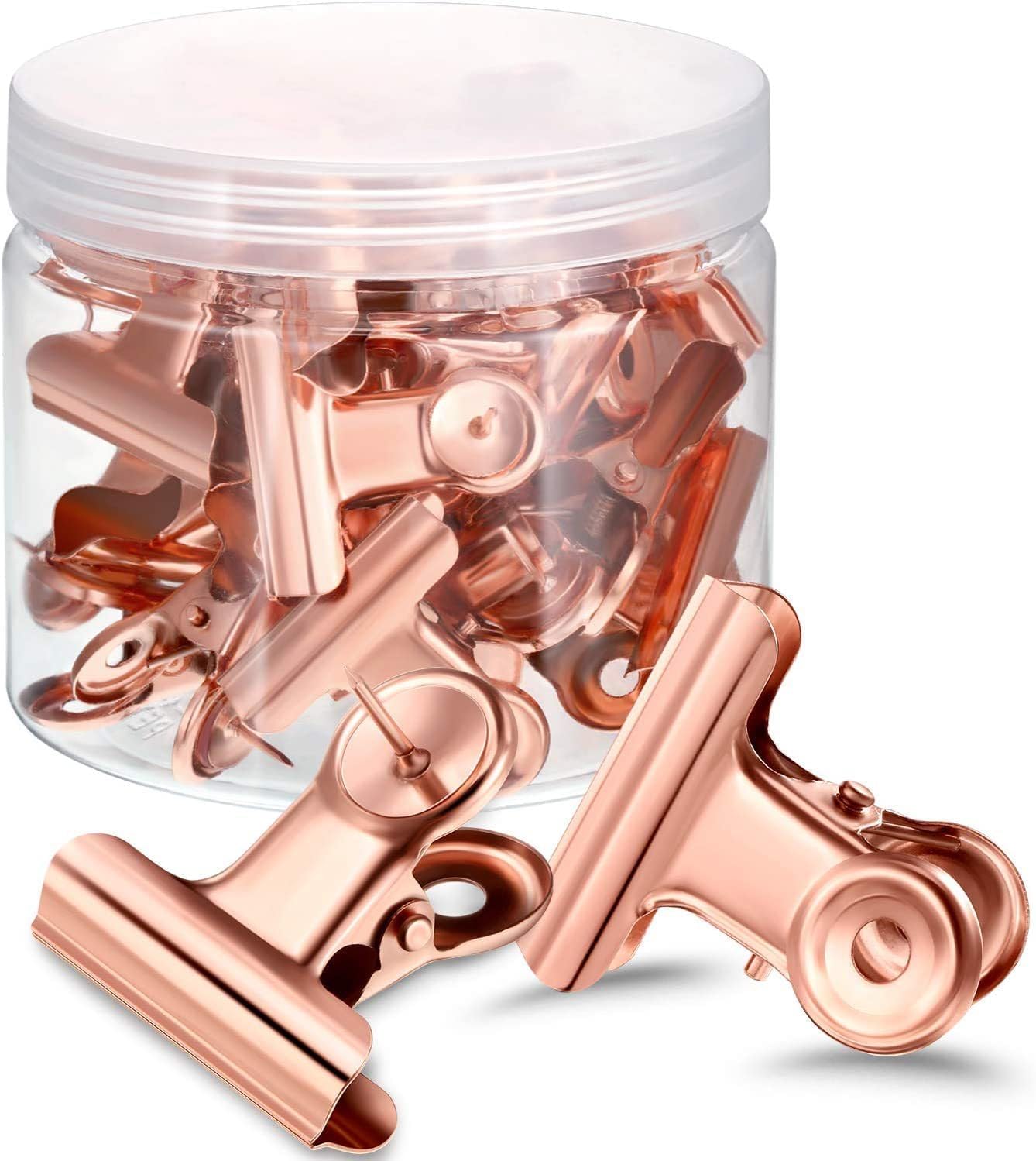12 Pack Bulldog Clips with Push-pins for Corkboard,Metal Clips for Crafts, Metal Binder Clips for Pictures, Spring Paper Clamps for Office Documents (Rose Gold,1.5inch)