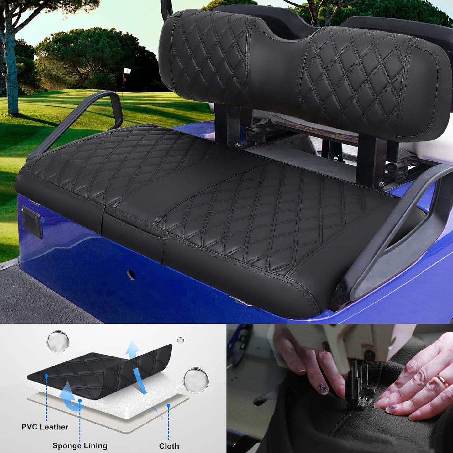 iLSKW Golf Cart Seat Cover for EZGO TXT/RXV Front Seat, PVC Thick Leather Universal Luxuary Feeling Shape Keep Seat Warm & Clean, Bench Seat Covers Breathable Washable Detachable