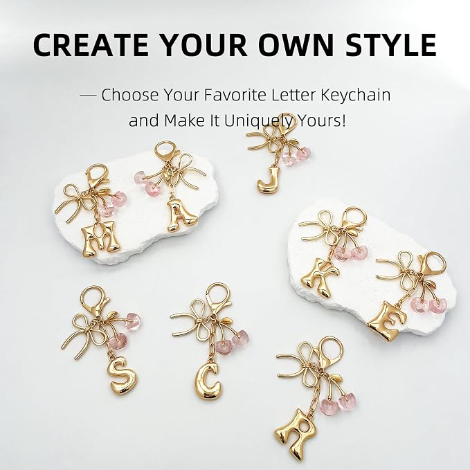 Gold Bubble Heart, Bow & More Designs Letter Initial Keychain Bag Charms – Cute - Image 6