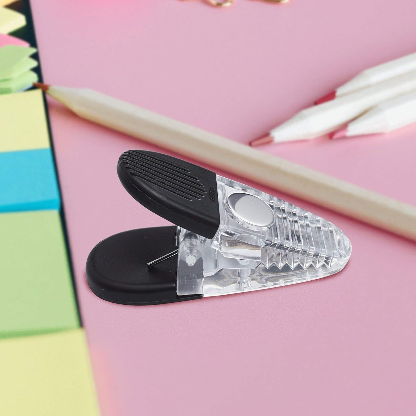 100 Magnetic Memo Holders Set - Customizable Text, Logo - Large Clip, Plastic - Clear