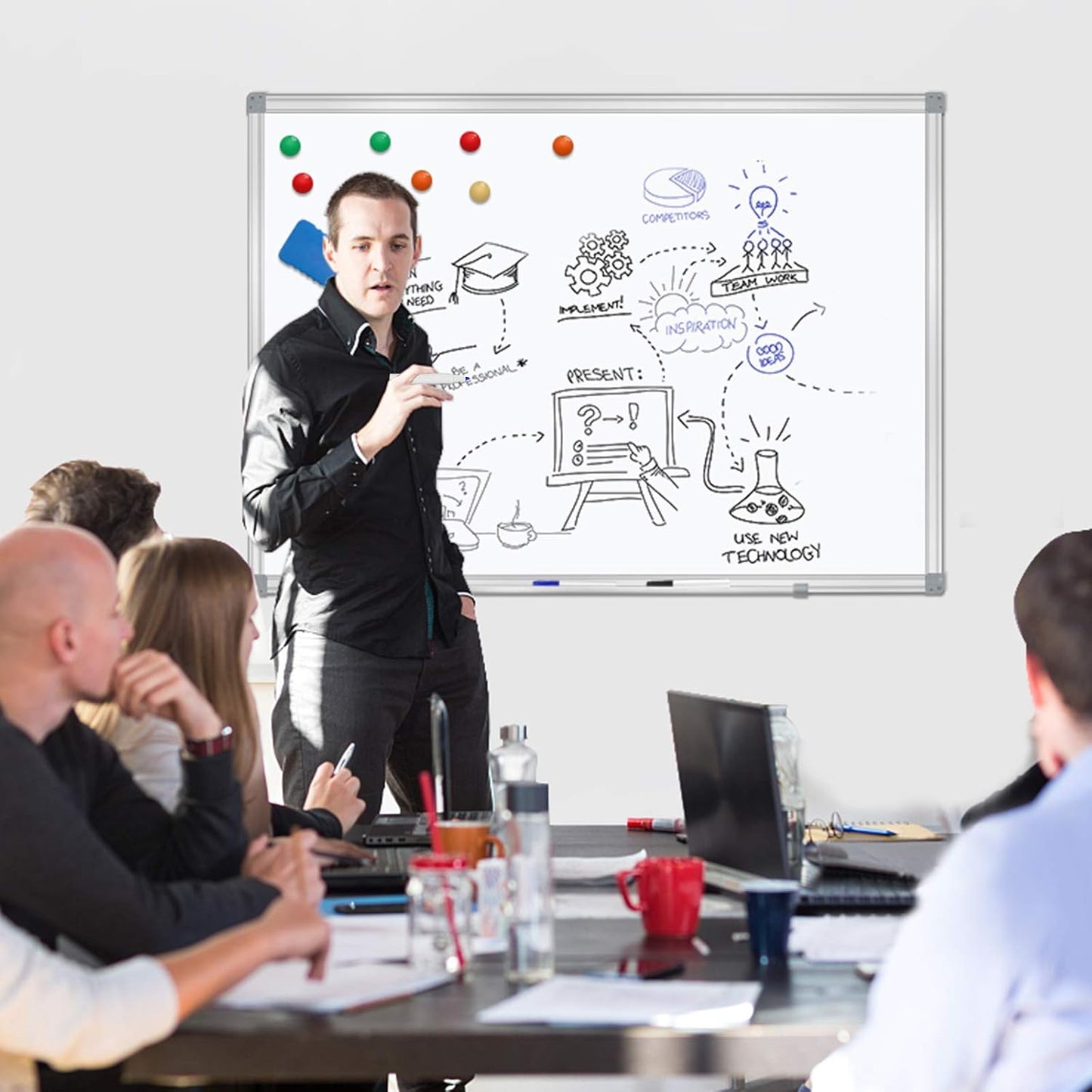 H-Qprobd Dry Erase Board for Wall Aluminum Presentation Magnetic Whiteboard with Long Pen Tray, Wall-Mounted White Board for School, Office and Home (40"x28")