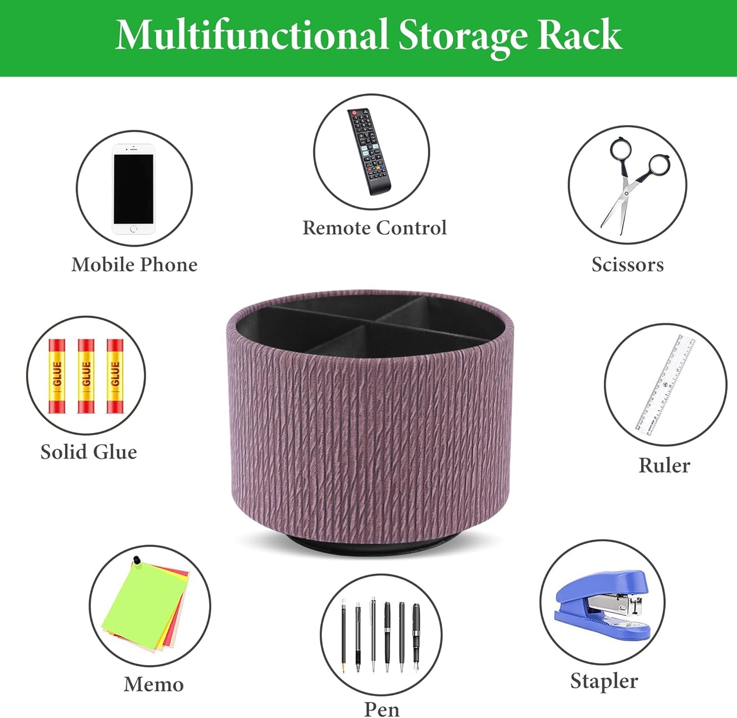 Hennaja Round Leather Art Supply Organizer,Remote Control Holder,360 Degree Spinning,Multi-Functional Pencil Holder,4 Compartments Desktop Stationary Organizer(1-Wood Soil)