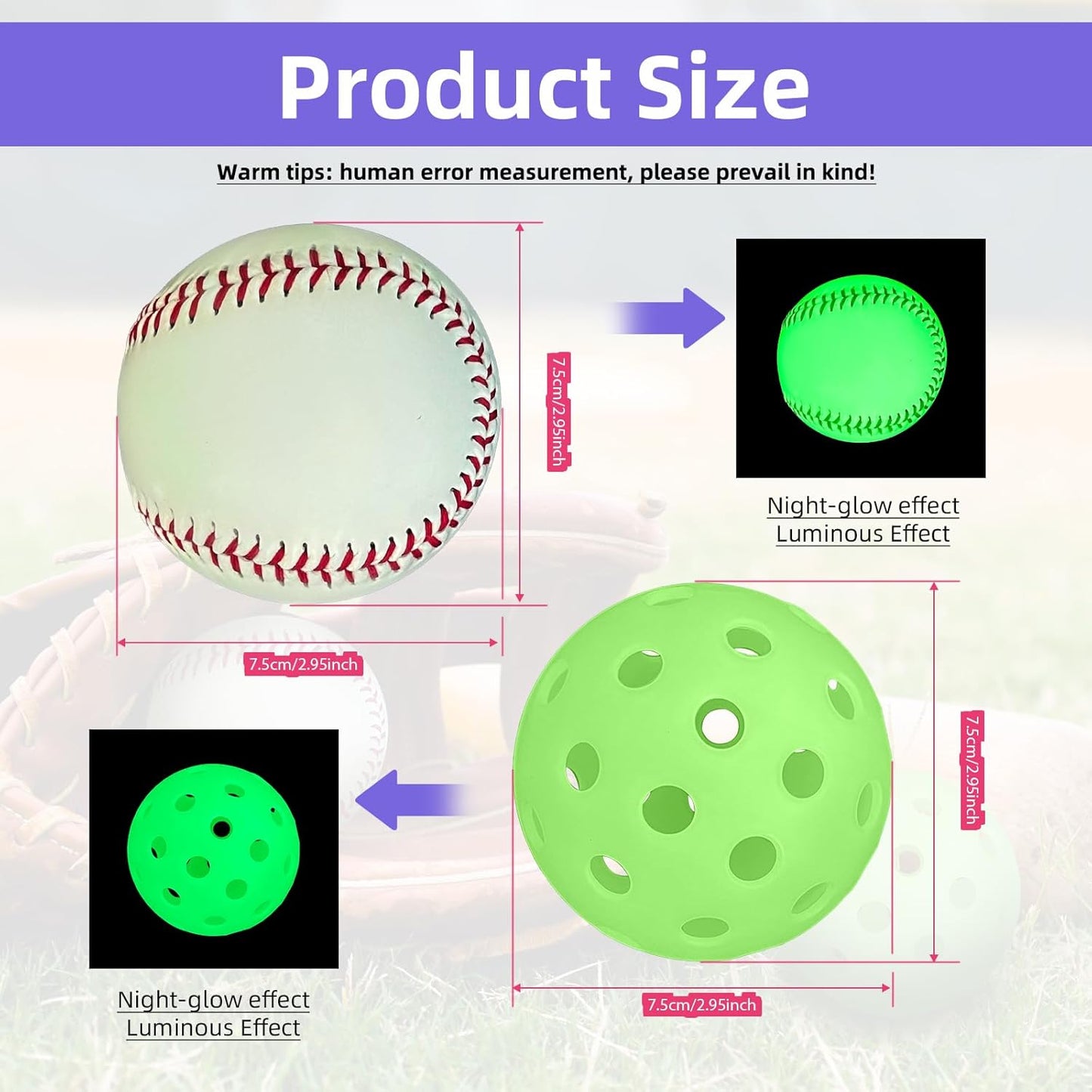 2 Pcs Super Bright Glow in The Dark Baseball with 3 Pcs Plastic Glow in The Dark Baseballs, for Youth and Adult Baseball Players Training in The Night