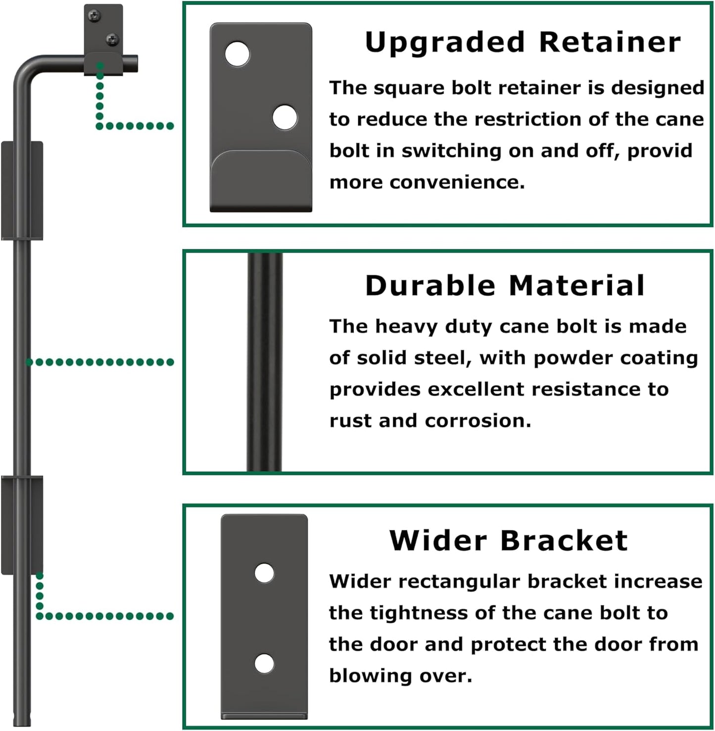 12" Heavy Duty Cane Bolt Gate Drop Rod with Upgraded Design, Square Gate Drop Rod for Wood PVC Vinyl Metal Yard Gate Latch-1 Pack