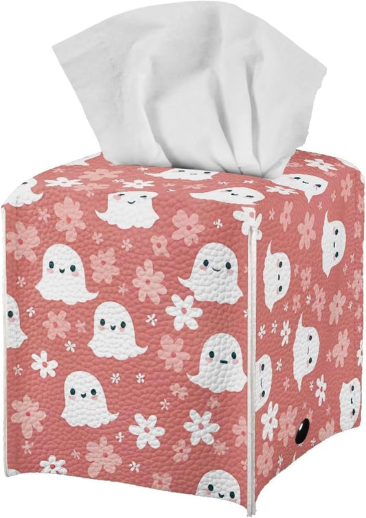 Halloween Cute Ghost Flowers Tissue Box Cover Square 5x5x5 with Bottom Belt Refillable Soft PU Leather Tissue Cover Decorative Organizer Indoor Decorations for Night Stands