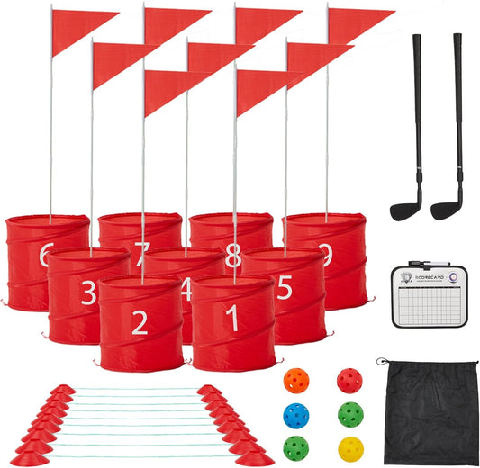 Bucket Yard Golf Game with Clubs 9 Hole Set Portable Low Tide Golf Game for Beach Backyard Lawn with 2 Golf Outdoor Indoor Golf Chipping Games for Adults Family Club Party(Red, 9 Bucket)