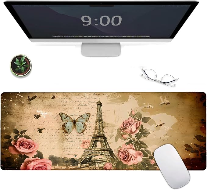 Vintage Paris Large Gaming Mouse Pad, Eiffel Tower Rose Desk Mat, by Unknown